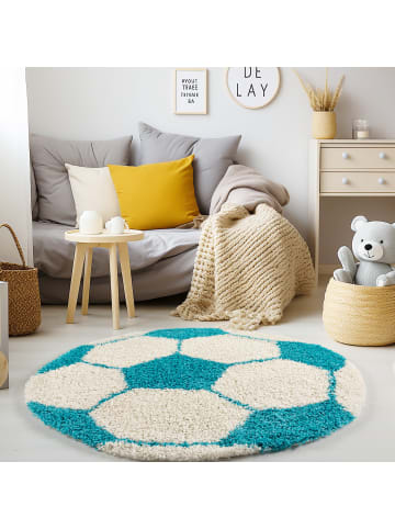 KADIMA DESIGN Kinderteppich Waschbar Fußball MATREI Strapazierfähig OEKO-TEX in Türkis