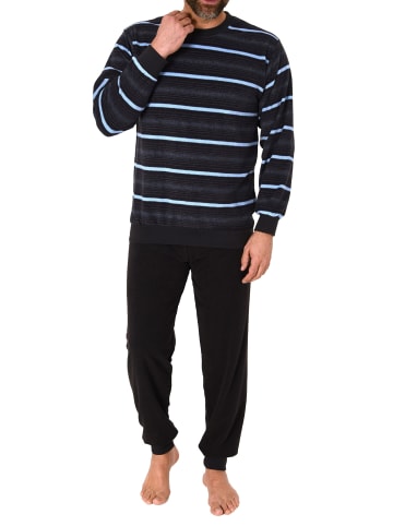 NORMANN Frottee Schlafanzug lang Bündchen Streifen - 81446 in blau