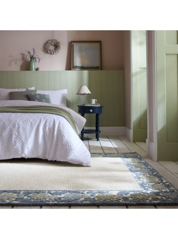 KADIMA DESIGN Teppich Kurzflor Unifarben, Floral Bordüre, Wohnzimmer in Blau-Beige