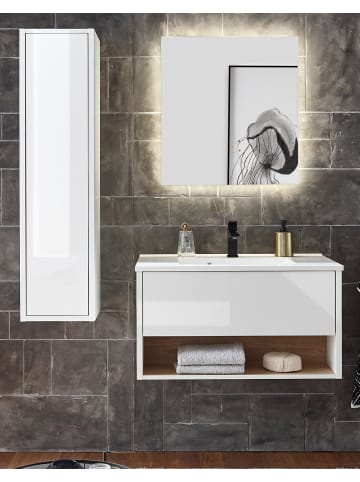 Furn.Design BADMÖBE-Set weiß Hochglanz, Eiche 3-teilig 120 cm, Komplettset mit Waschbecken