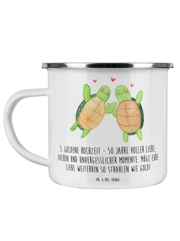 Mr. & Mrs. Panda Camping Emaille Tasse 50. Hochzeitstag mit Spruch in Weiß