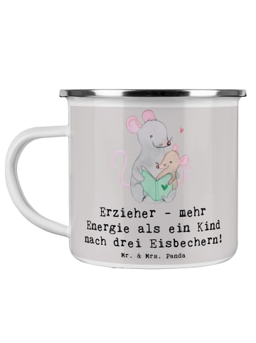 Mr. & Mrs. Panda Camping Emaille Tasse Erzieher Energie mit Spruch in Grau Pastell