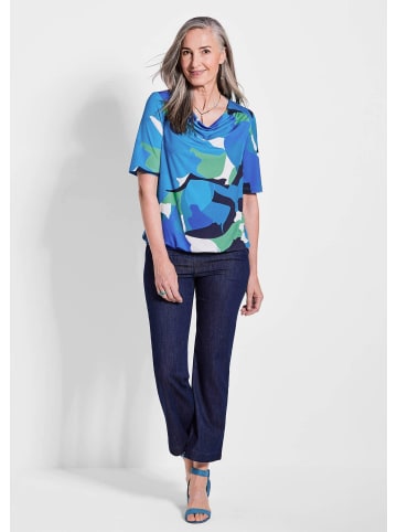 GOLDNER Kurzgröße:  Wasserfallshirt Halbarmshirt mit Print in blau / grün / gemustert