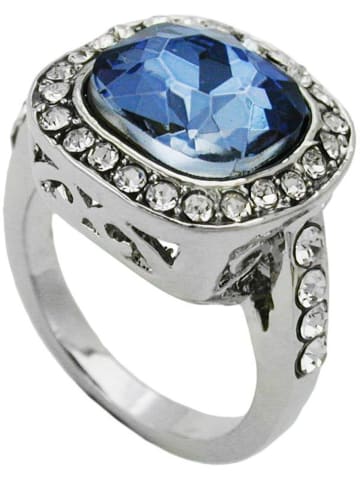 Gallay Ring 15,5mm großer blauer Glasstein mit kleinen weißen Zirkonias rhodiniert Ringgröße 54 in silber