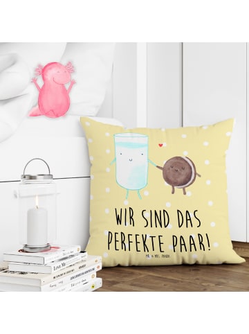 Mr. & Mrs. Panda Kissen 40x40 Milch Keks mit Spruch in Gelb Pastell
