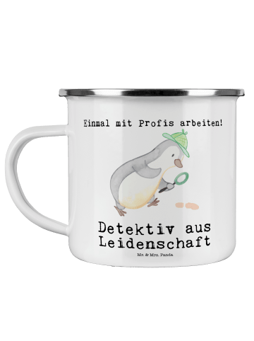 Mr. & Mrs. Panda Emaille Becher Detektiv Leidenschaft mit Spruch in Weiß