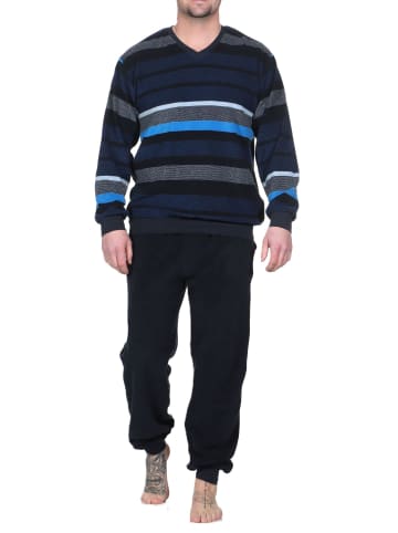 NORMANN Langarm Schlafanzug Frottee Stretch Pyjama Bündchen in blau