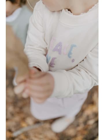 leevje Sweatshirt 'peace, love & joy' mit Rüschensaum in light beige