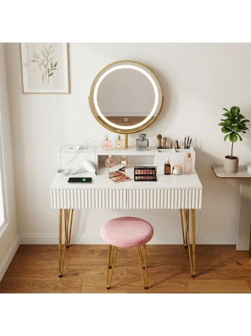 relaxdays Schminktisch in Weiß/ Gold - (B)80 x (H)135 x (T)40 cm