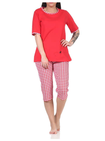 NORMANN kurzarm Capri Schlafanzug Katzen und lang Karo Jersey Hose - 66218 in rot