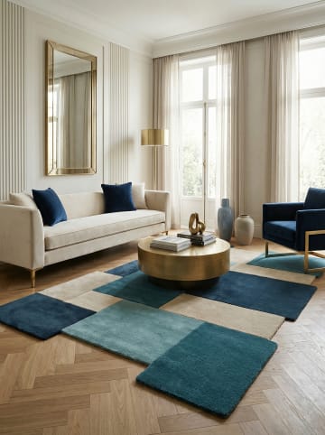 KADIMA DESIGN Wollteppich Kurzflor HALLEIN Geometrisch Abstrakt Naturfaser in Türkis