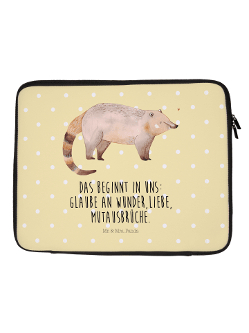 Mr. & Mrs. Panda Laptop Tasche Nasenbär mit Spruch in Gelb Pastell