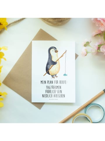 Mr. & Mrs. Panda Glückwunschkarte Pinguin Angler mit Spruch in Weiß