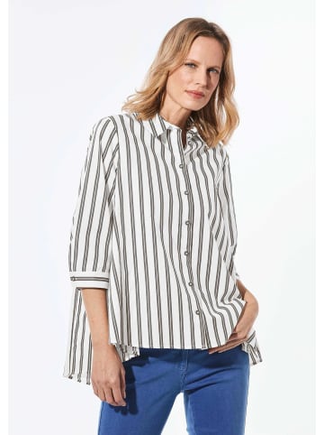 GOLDNER Kurzgröße: Schlichte Baumwoll-Bluse mit 3/4-Arm in weiß / taupe / gestreift
