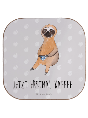 Mr. & Mrs. Panda Flaschenuntersetzer Faultier Kaffee mit Spruch in Grau Pastell