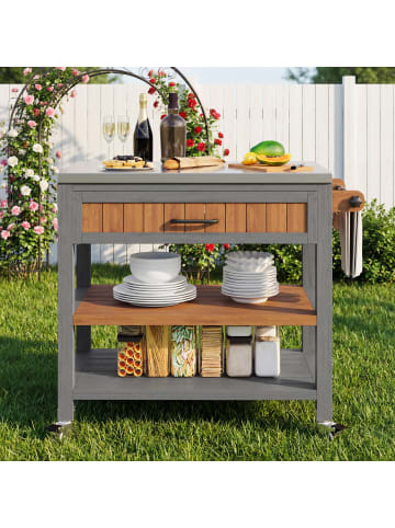 ABRIHOME Gartenschrank in Braun mit Rädern Edelstahlplatte Schublade Handtuchhalter