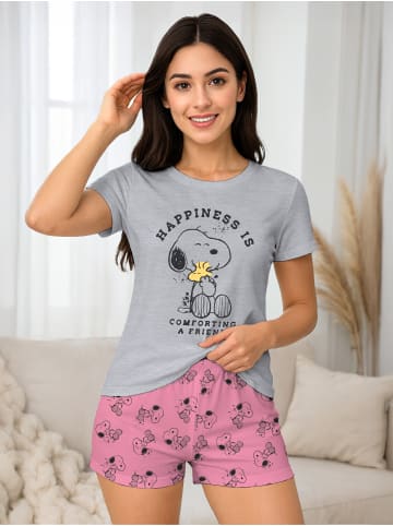 Snoopy Peanuts Snoopy Comforting a Friend Pyjama Kurzarm Shirt mit Shorts in grau/rosa