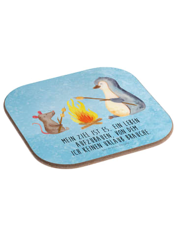 Mr. & Mrs. Panda Bierdeckel Pinguin Lagerfeuer mit Spruch in Eisblau