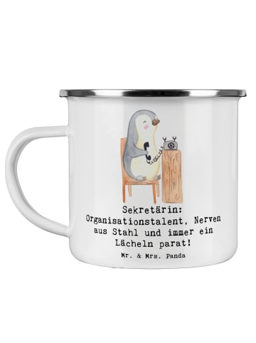 Mr. & Mrs. Panda Camping Emaille Tasse Sekretärin Heldin mit Spruch in Weiß