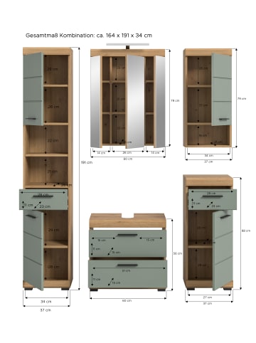 xonox.home Badkombination in Artisan Eiche/Salbei - (B) 164 x (H) 191 x (T) 37