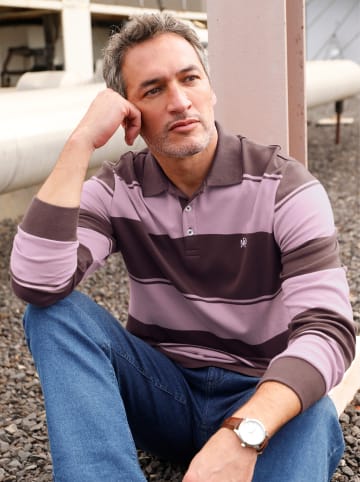 WITT WEIDEN Langarm-Poloshirt in schoko-mauve-gestreift