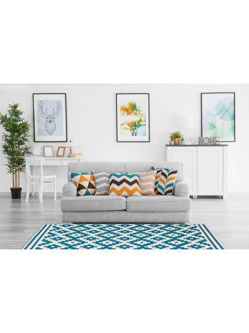 Kayoom Kurzflor Teppich Now in weiß - türkis - rechteckig