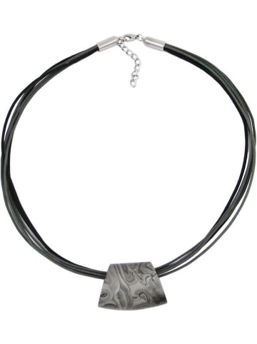 Gallay Kette Kunststoffperle Trapez silbergrau-marmoriert glänzend Kordel grau-schwarz 45cm lang in grau
