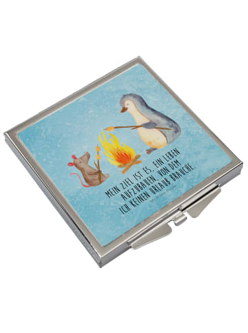 Mr. & Mrs. Panda Handspiegel Pinguin Lagerfeuer mit Spruch in Eisblau