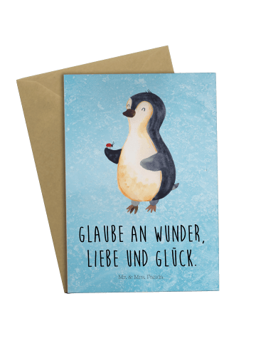 Mr. & Mrs. Panda neujahrskarte Pinguin Marienkäfer mit Spruch in Eisblau