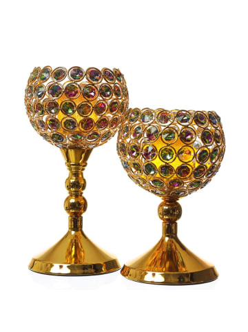 MARELIDA 2x Kerzenhalter Teelichthalter Kelch Kristall mit 2 LED Kerzen in gold, bunt