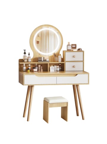 ABRIHOME Schminktisch in Holzfarbe 80x40x135 cm mit LED Spiegel Hocker Schubladen
