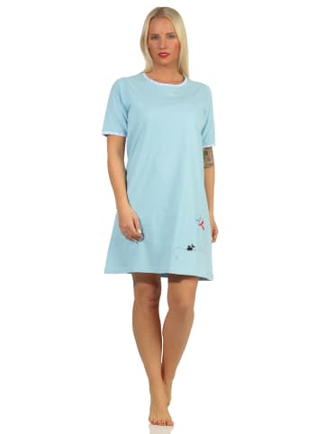NORMANN Nachthemd kurzes Bigshirt KatzenApplikation - 65281 in hellblau