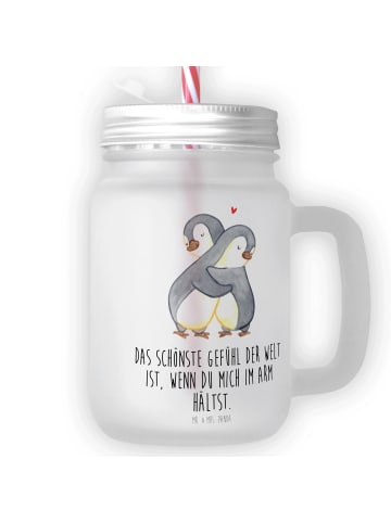 Mr. & Mrs. Panda Trinkglas Mason Jar Pinguine Kuscheln mit Spruch in Transparent