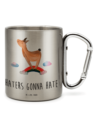 Mr. & Mrs. Panda Karabiner Becher Lama Regenbogen mit Spruch in Silber