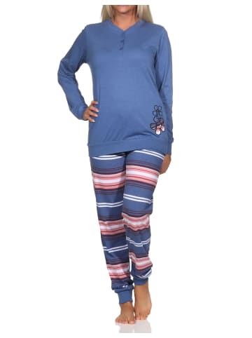 NORMANN Pyjama lang Bündchen und gestreifter Hose - 81603 in blau