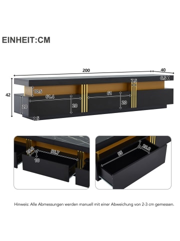 ABRIHOME TV Schrank in Schwarz mit 3 Schubladen und Kabelmanagement 200x40x42 cm