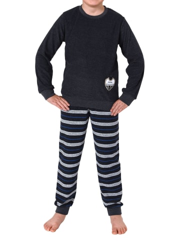 NORMANN Frottee langarm Schlafanzug Pyjama Bündchen und Fussball - 77037 in marine