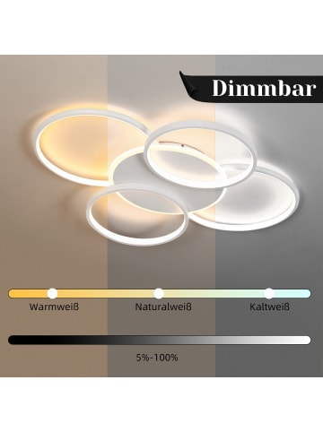 ZMH Deckenleuchte LED in weiß 5-flammige Ringe dimmbar 70W Wohnzimmerlampe L 67cm