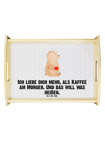 Mr. & Mrs. Panda Holz Serviertablett Bär Morgenkaffee mit Spruch in Grau Pastell