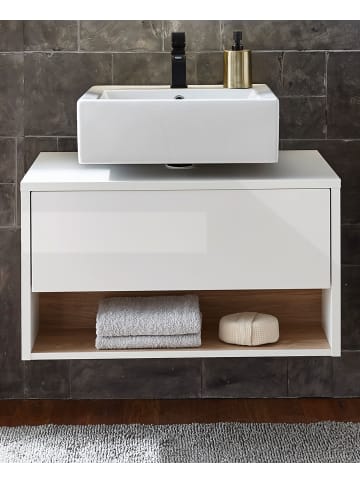 Furn.Design Waschbeckenunterschrank weiß Hochglanz, Eiche 80 cm, Badschrank mit Push-to-Open