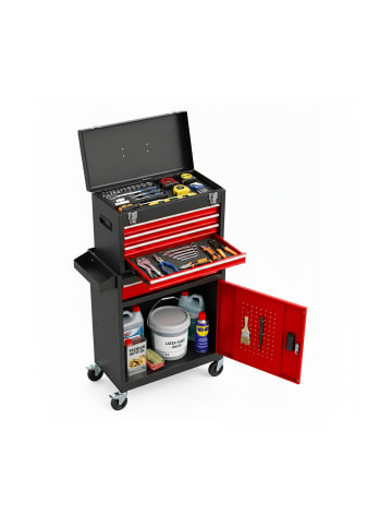 relaxdays Werkstattwagen in Schwarz/Rot - (B)59,5 x (H)104 x (T)28 cm