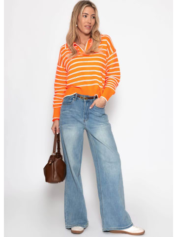 SASSYCLASSY Feinstrickpullover mit Polokragen und Ajourstreifen in Orange