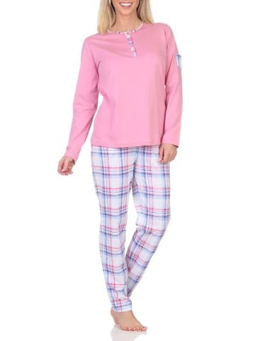 NORMANN Schlafanzug langarm Pyjama karierter Hose Jersey - 84743 in rosa