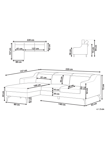 Beliani Ecksofa GLOSLI in Blau/Schwarz - (W) 220 x (H) 94 x (L) 157 cm rechtsseitig