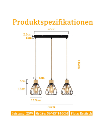 ZMH Pendelleuchte in Schwarz 3-flammige E27 Vintage Metall Hanfseil von Holz