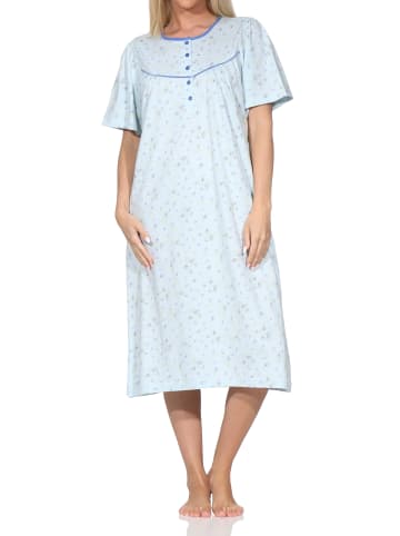 NORMANN Kurzarm Nachthemd floraler Print Knopfleiste am Hals in hellblau