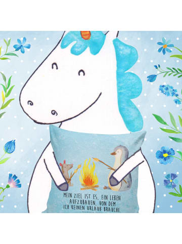 Mr. & Mrs. Panda Dekokissen Pinguin Lagerfeuer mit Spruch in Eisblau