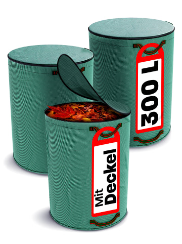 Praknu 3x Gartenabfallsack Stabil 300 Liter - Deckel - Laubsack mit 4 Griffen
