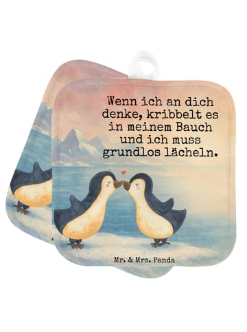 Mr. & Mrs. Panda Ofenhandschuhe Pinguine Kuss Design mit Spruch in Weiß