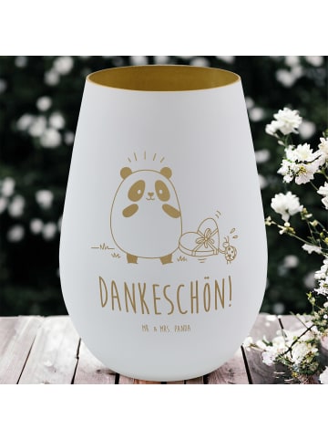 Mr. & Mrs. Panda Glas Windlicht Panda Dankeschön mit Spruch in Weiß